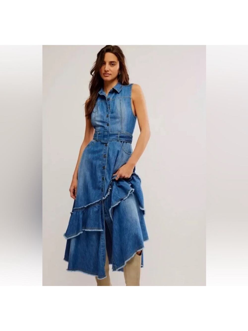 Free People Denim Blue Sleeveless Midi Dress